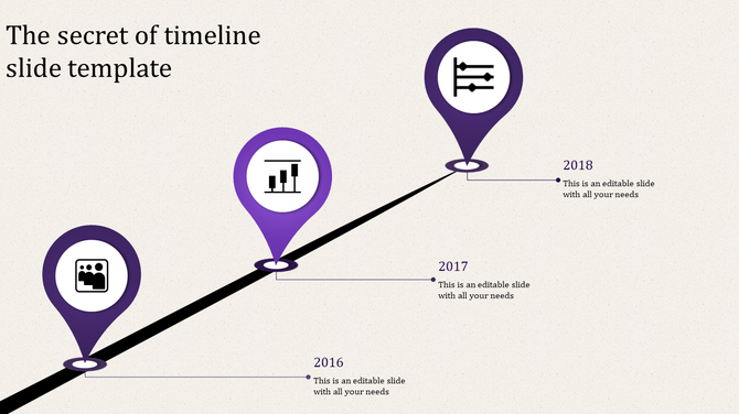 Diagonal timeline with three purple location markers, milestone years, and black icons on a light background.