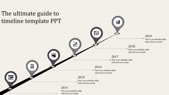 Gradient yellow timeline design featuring 3D pentagons labeled with years 2012 to 2019, connected by arrows.