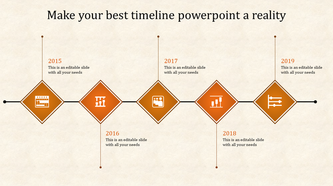 Elegant timeline design with five diamond shaped orange milestones containing white business icons on beige background.