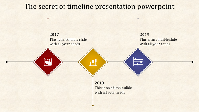Horizontal timeline with three diamond shaped milestones in red, yellow, and blue, each connected to a year with text.