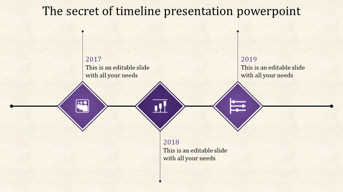 Timeline layout with three purple diamonds containing white icons, connected by a thin black line.