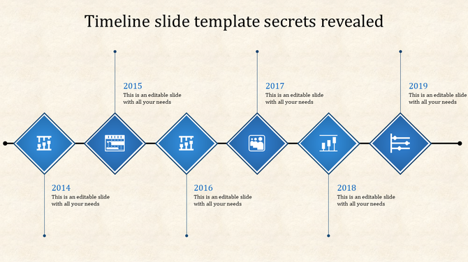 Horizontal timeline with six blue diamond markers, on a black connectors, and icons, on a beige background.