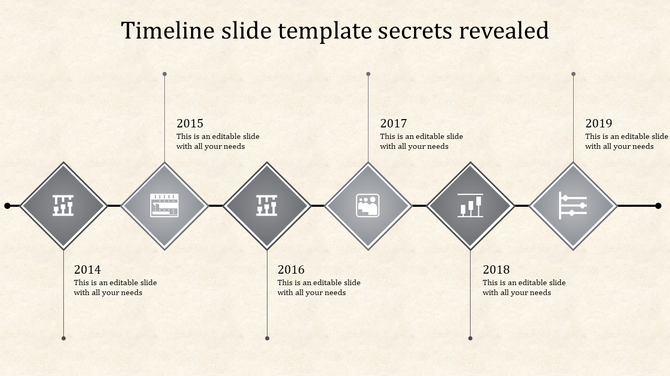 Six stage timeline with gray diamond icons representing different years, connected by a horizontal black line with placeholder text.