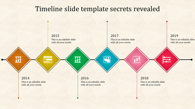 Horizontal timeline with diamond shaped markers in brown, yellow, green, blue, pink, and red, linked by a thin black line.