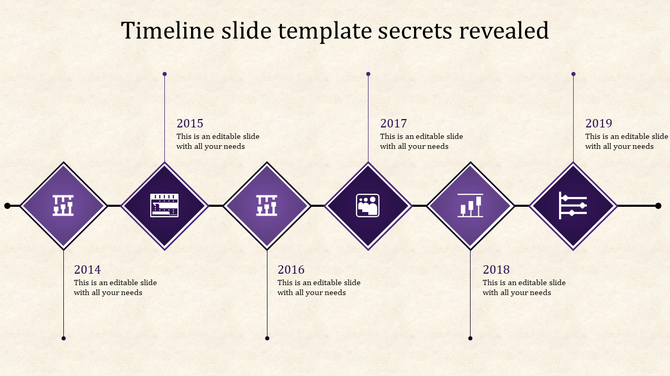 Linear business timeline with six purple diamond shaped steps, each containing icons and text placeholders from 2014 to 2019.