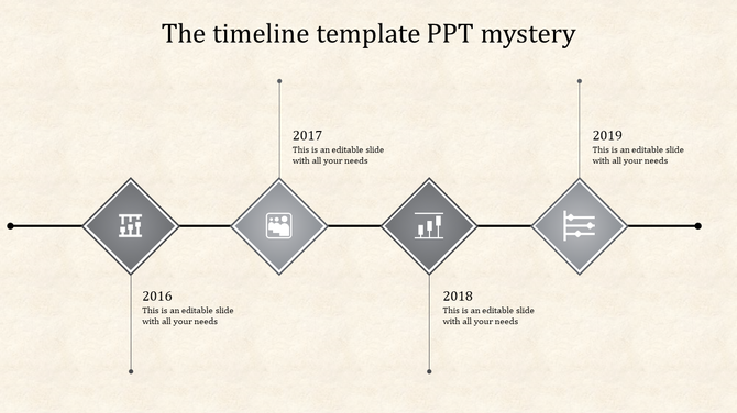 Modern timeline featuring four gray diamond elements, arranged sequentially along a horizontal path with placeholder text.