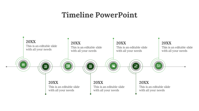 Timeline with seven green circular markers, black milestone text, arranged on a thin horizontal gray connector line.