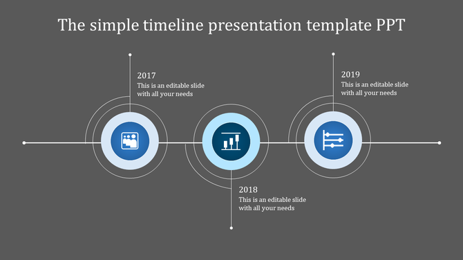 Horizontal timeline featuring blue circular milestones with icons and years from 2017 to 2019 on a gray background.