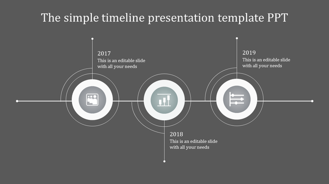 Horizontal timeline with three gray circular markers linked by a thin line, each containing an icon, with caption areas.