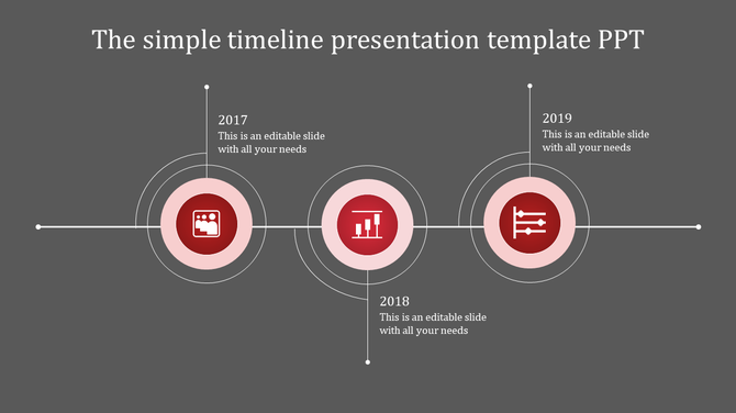 Minimalist timeline featuring three red circular nodes along a thin horizontal line, with alternating text descriptions.