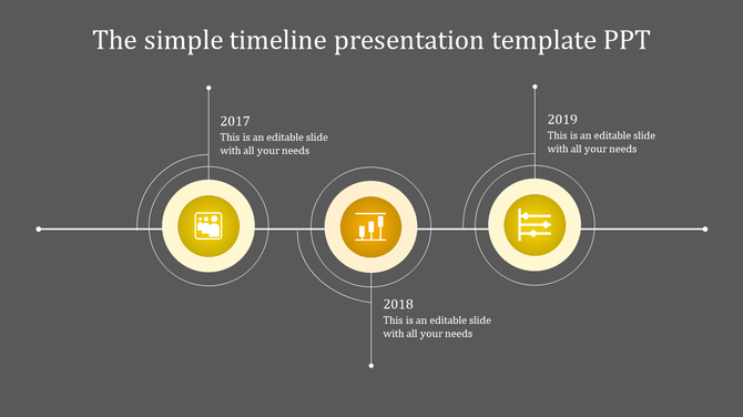 Timeline with three yellow circular icons, thin white connectors, and milestone years on a dark gray backdrop.