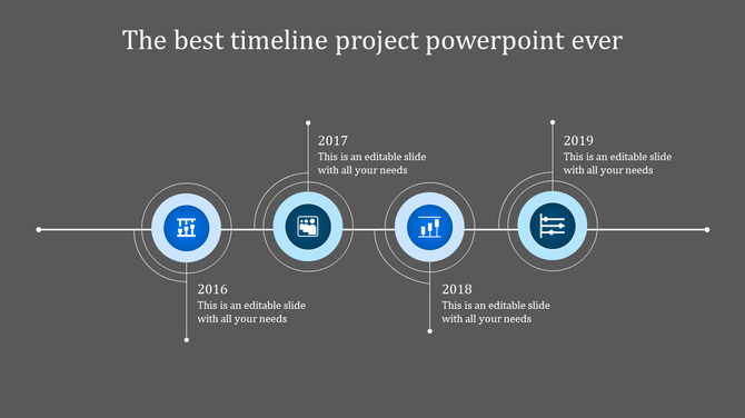 Timeline with blue circles featuring icons, and thin white connectors displaying milestone years from 2016 to 2019.