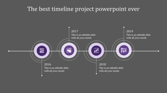 Elegant horizontal timeline with alternating deep purple and light lavender circular milestone indicators.