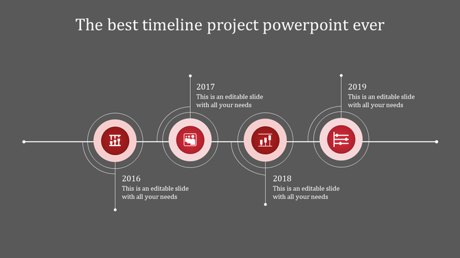 Horizontal timeline with red circular milestones, white icons, and milestone years from 2016 to 2019 on a gray background.