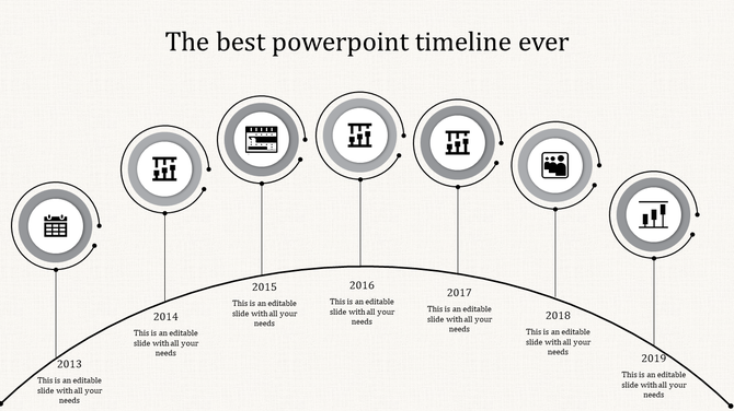 Monochrome arc shaped timeline with seven labeled steps, each containing a circular icon representing different stages.