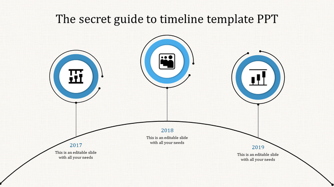 Simple blue accented timeline with circular nodes, icons, and text descriptions, illustrating milestones from 2017 to 2019.