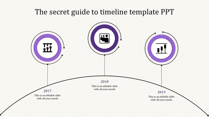 Curved timeline with three purple circular icons, marking years 2017 to 2019 on a light background.