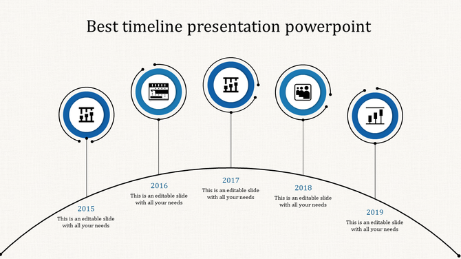 Timeline infographic featuring five blue bordered circular icons with black connectors, and years from 2015 to 2019.