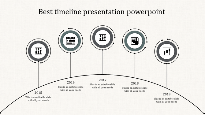 Curved grayscale timeline infographic with five circular milestones from 2015 to 2019, each containing an icon.