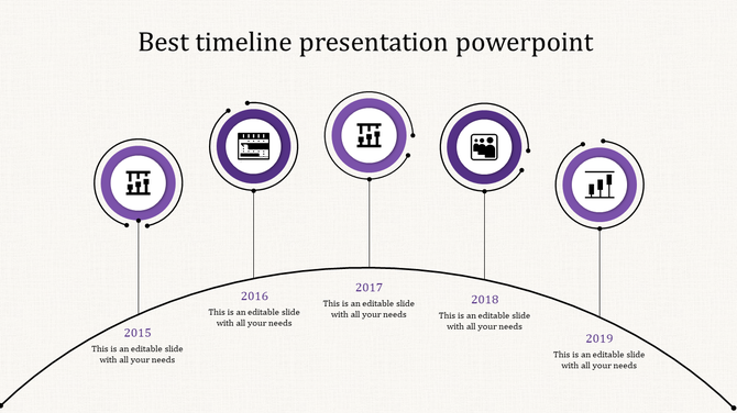 Purple themed curved timeline infographic with five milestones from 2015 to 2019, connected by vertical lines.