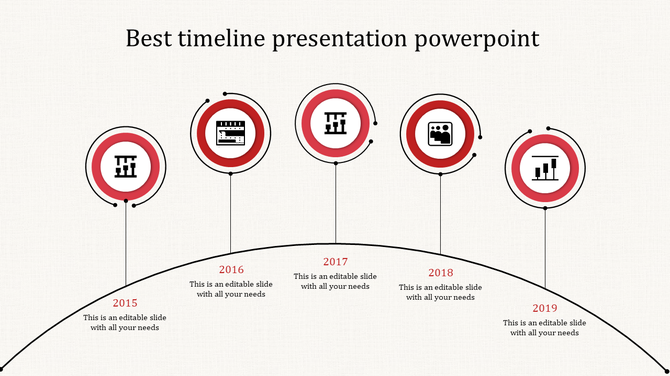 Timeline with a semi circular layout, featuring five red highlighted circles, and text descriptions below each year.