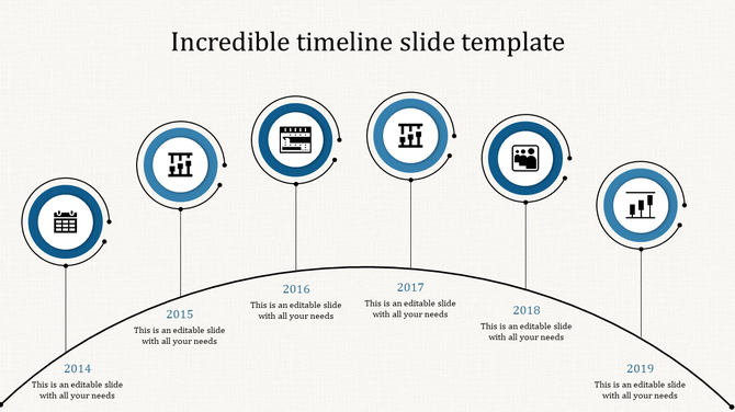 Curved timeline infographic with six blue circular milestones from 2014 to 2019, each containing an icon.