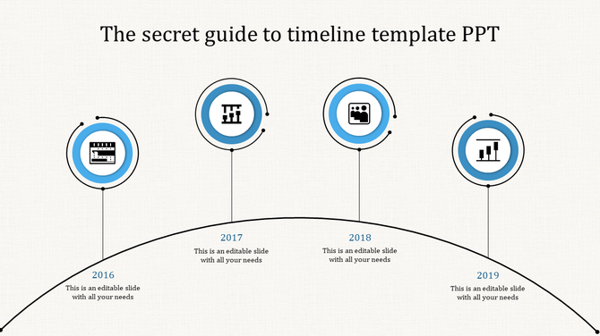 Timeline infographic featuring four blue bordered circular icons connected by thin black lines over a curved path.