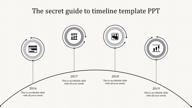Black and white timeline with round milestone indicators placed along a curved path, detailing key events from 2016 to 2019.