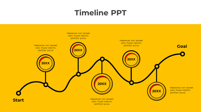 Wavy timeline infographic on a yellow background, featuring five circular milestone markers labeled by a black line.
