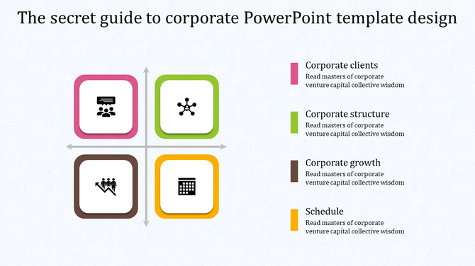 Grid based business infographic with four square icons in pink, green, brown, and yellow, aligned with text on the right.