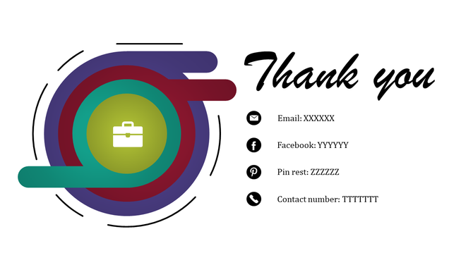 Thank you slide with a circular design, a white briefcase icon in a green center, and social media icons for contact info.