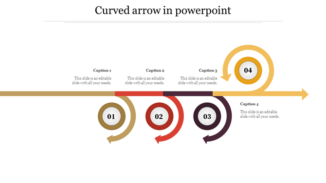 Curved arrow infographic with four circles, each connected to a arrow in different colors, indicating a process flow.
