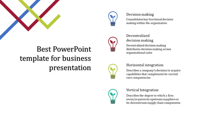 Business process infographic displaying four lightbulb icons with captions explaining decision making and approaches.