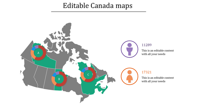 Canada map infographic with three highlighted regions labeled A, B, and C, each marked with circular data visuals.