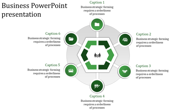 Management process visual showcasing a structured hexagonal layout with six surrounding business related icons.