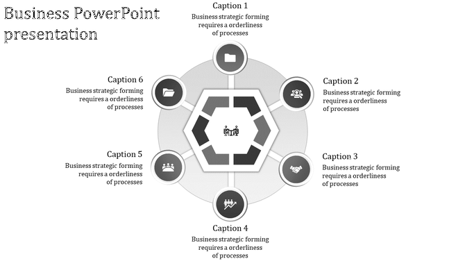 Business slide with a hexagonal design surrounded by six gray and white icons representing processes.