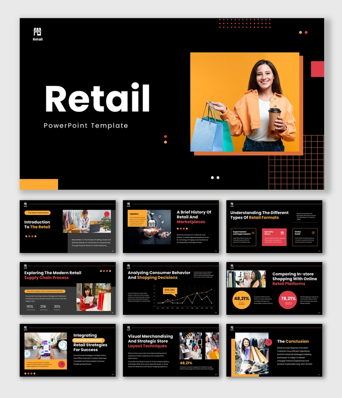 The retail presentation showing shopper, store visuals, analytics charts, and omnichannel strategy slides.