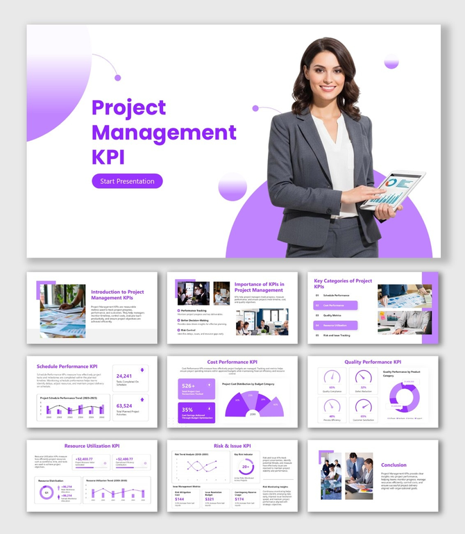 Project Management KPI purple slides with charts, gauges, icons, and project performance tracking dashboards.
