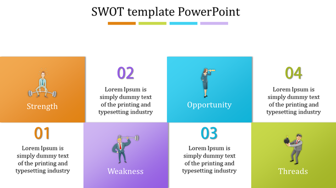 Modern SWOT analysis slide with a grid layout, color-coded categories, and business themed icons for each section.