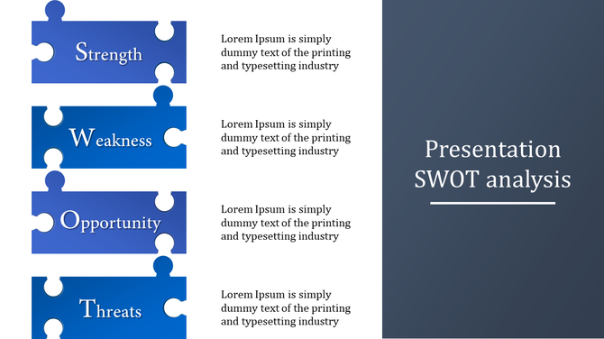 SWOT analysis slide with four blue puzzle pieces stacked vertically with a gray title section on the right.