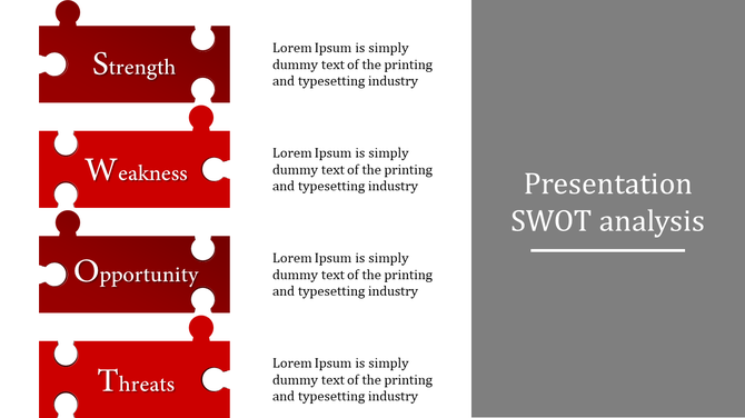 Vertical layout of SWOT analysis with red puzzle pieces, each section labeled and containing placeholder text areas.