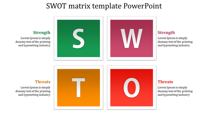 SWOT chart design with bold initials in a four quadrant layout, using distinct green, red, orange, and pink color schemes.