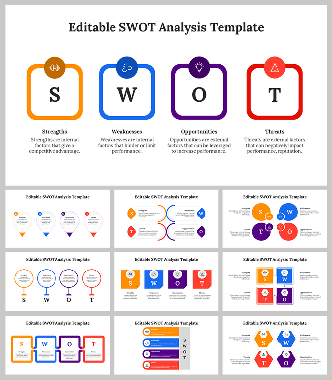 Slide deck featuring orange, blue, purple, and red icons for strengths, weaknesses, opportunities, and threats.