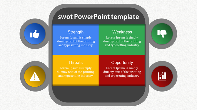 SWOT slide displaying four segments with text, alongside four circular icons representing positive and negative factors.