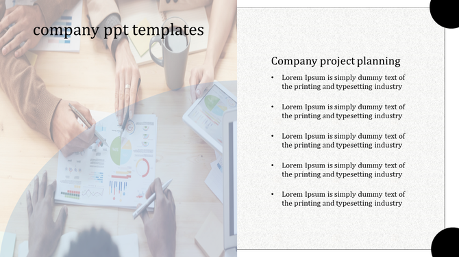 Professional company template displaying a workspace image overlay with data charts and a formatted text section.