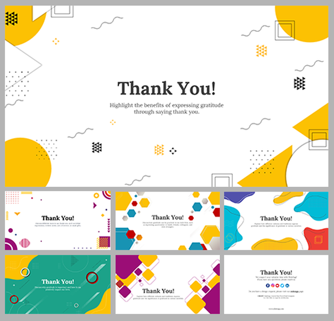 Colorful thank you slide deck featuring abstract shapes, creative patterns, and lively color schemes.