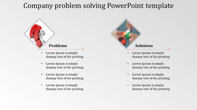 A company problem solving slide featuring problem and solution sections with icons, such as a figure stuck and puzzle pieces.
