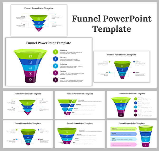 Slide deck featuring funnel shapes in gradient green, blue, teal, purple, and brown, illustrating steps and processes.