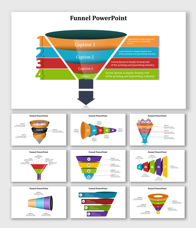Funnel diagram slide for presentations, showcasing four labeled levels with placeholder text in colored segments.