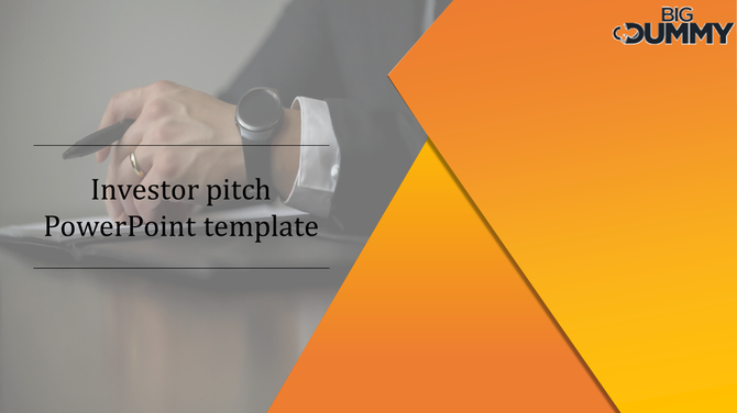 Investor pitch slide with a business-themed background, featuring a close-up of a person's hand holding a pen. 
